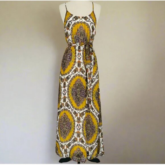Anthropologie Maxi Halter Neck Dress Large Womens Yellow Gold Chiffon Belted - Picture 3 of 12